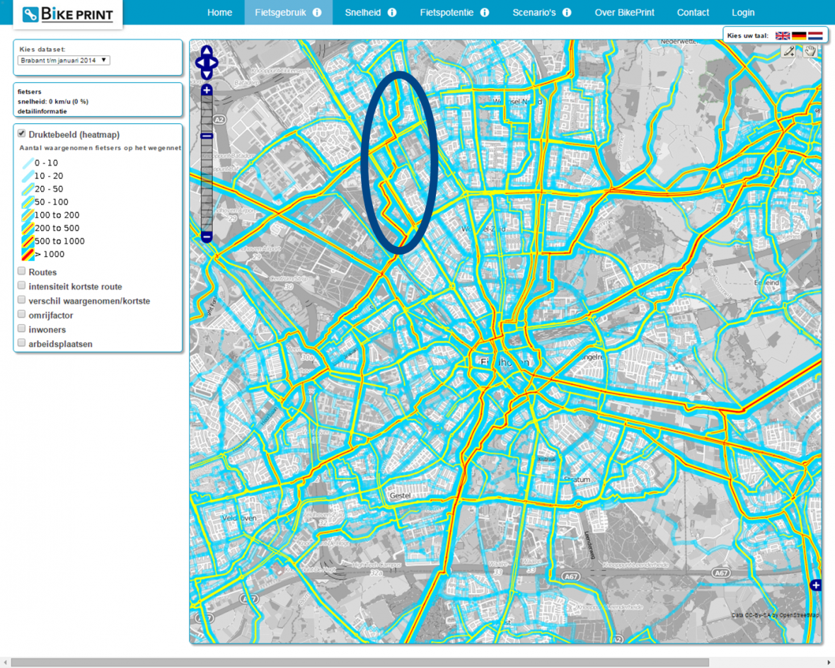 Nutzungsdichte von Radwegen. Die farbigen Linien markieren Radwege, der stärkste Verkehr wird in Rot angezeigt. Die eingekreiste Fläche zeigt eine Zickzack-Route durch Seitenstraßen, die stärker frequentiert wird als der Radweg entlang den Hauptstraßen. (c) Dirk Bussche